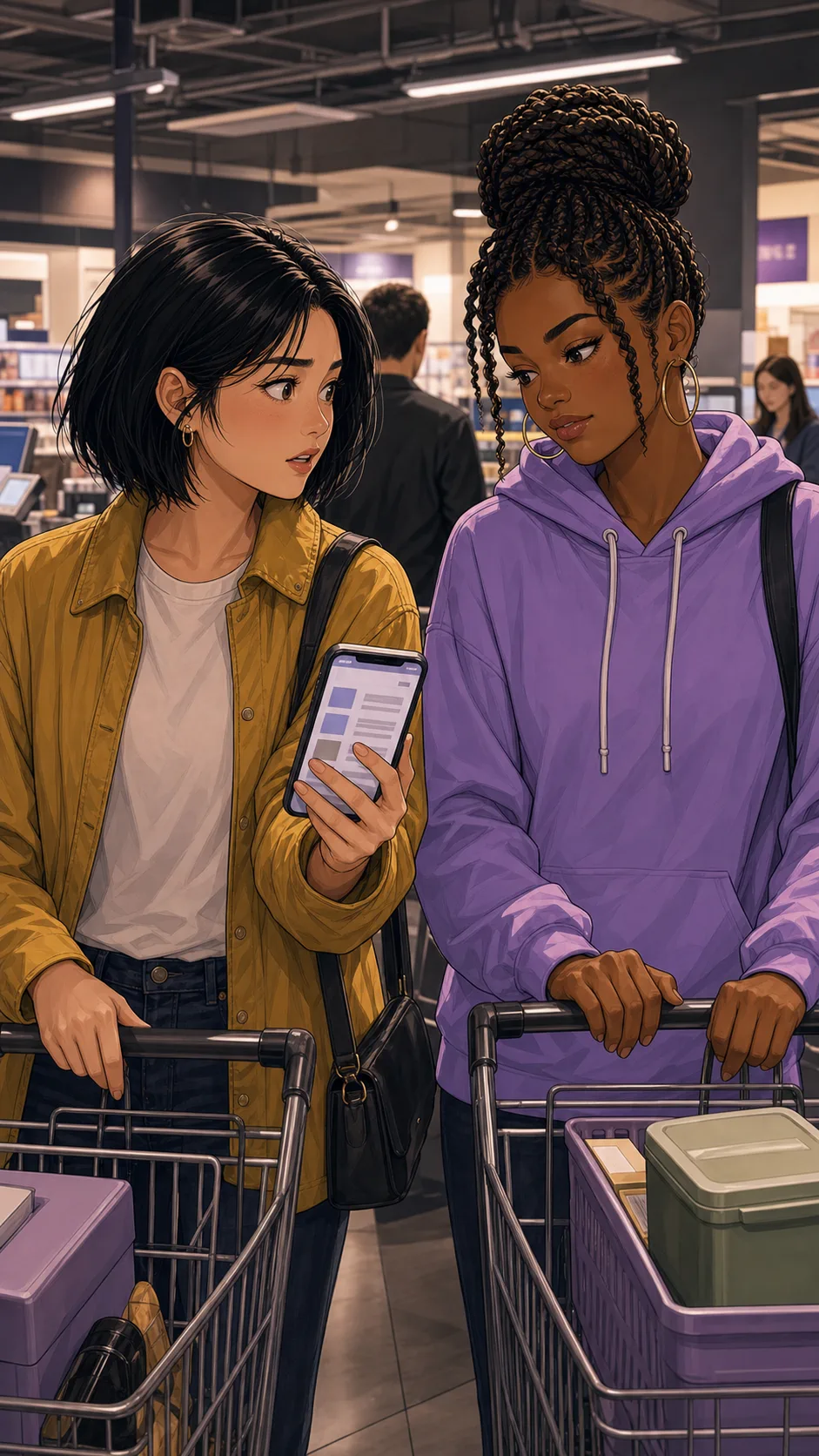 Lina shows Bree a price match on her phone in a checkout line.