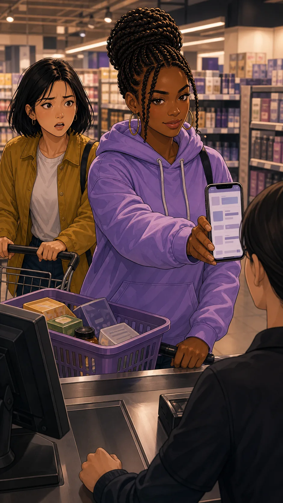 Bree uses the price match at checkout while Lina waits behind her.