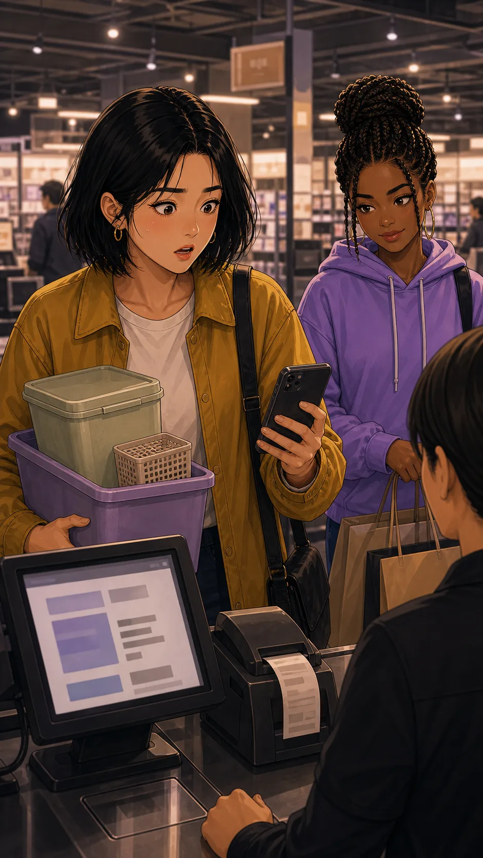 Lina looks stunned at the checkout counter with her storage bins.