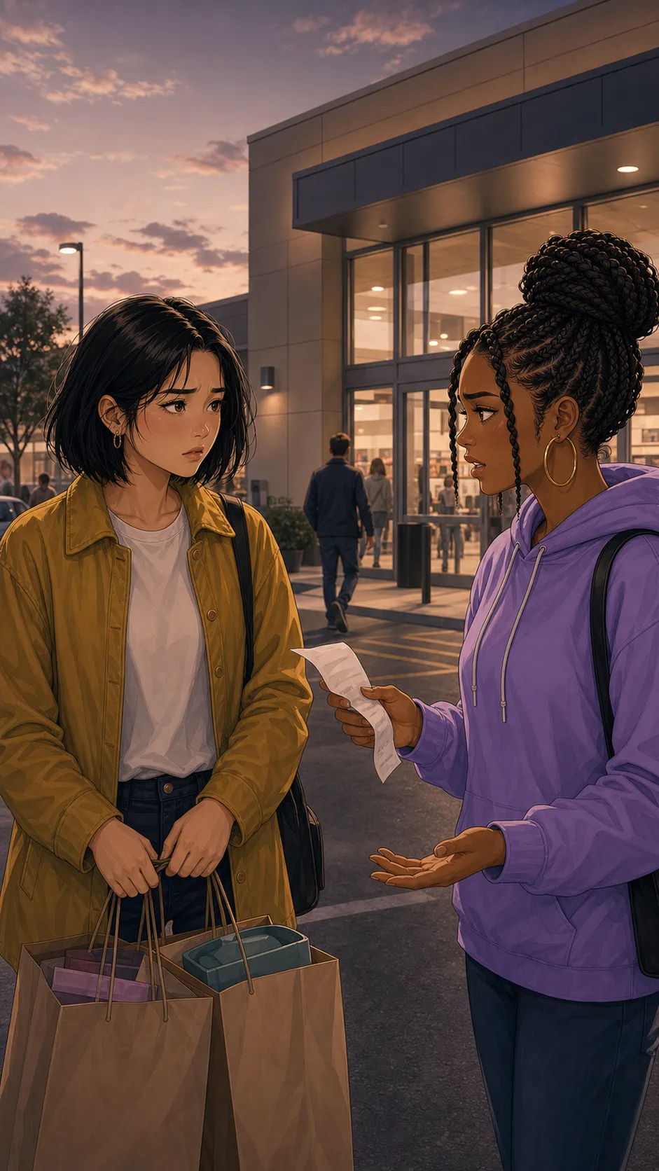 Lina and Bree debate the price match outside a store.