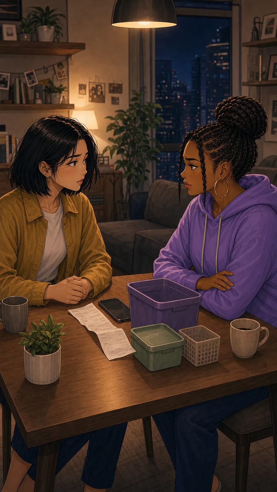 Lina and Bree sit at a table with the receipt and phone between them.