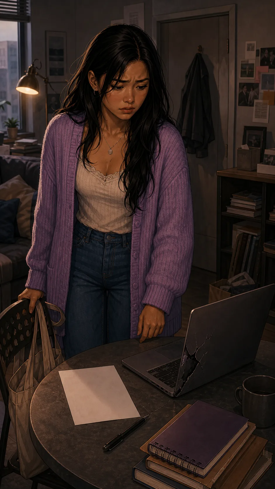 Nell sits beside a broken laptop with a private letter file.
