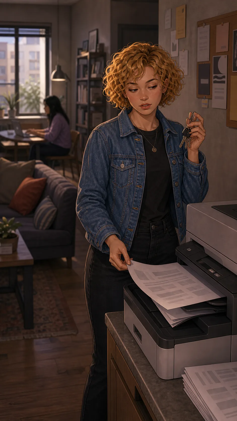 Casey prints blank-looking pages at a shared common room printer.