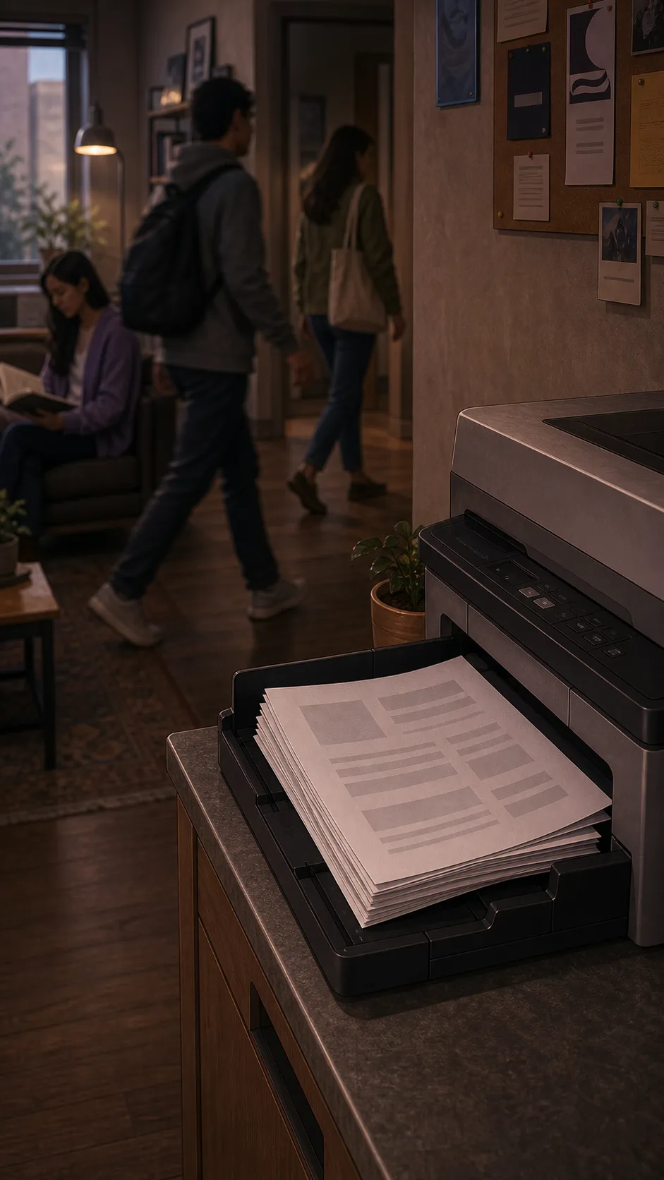 Blank-looking pages sit unattended in a shared printer tray.