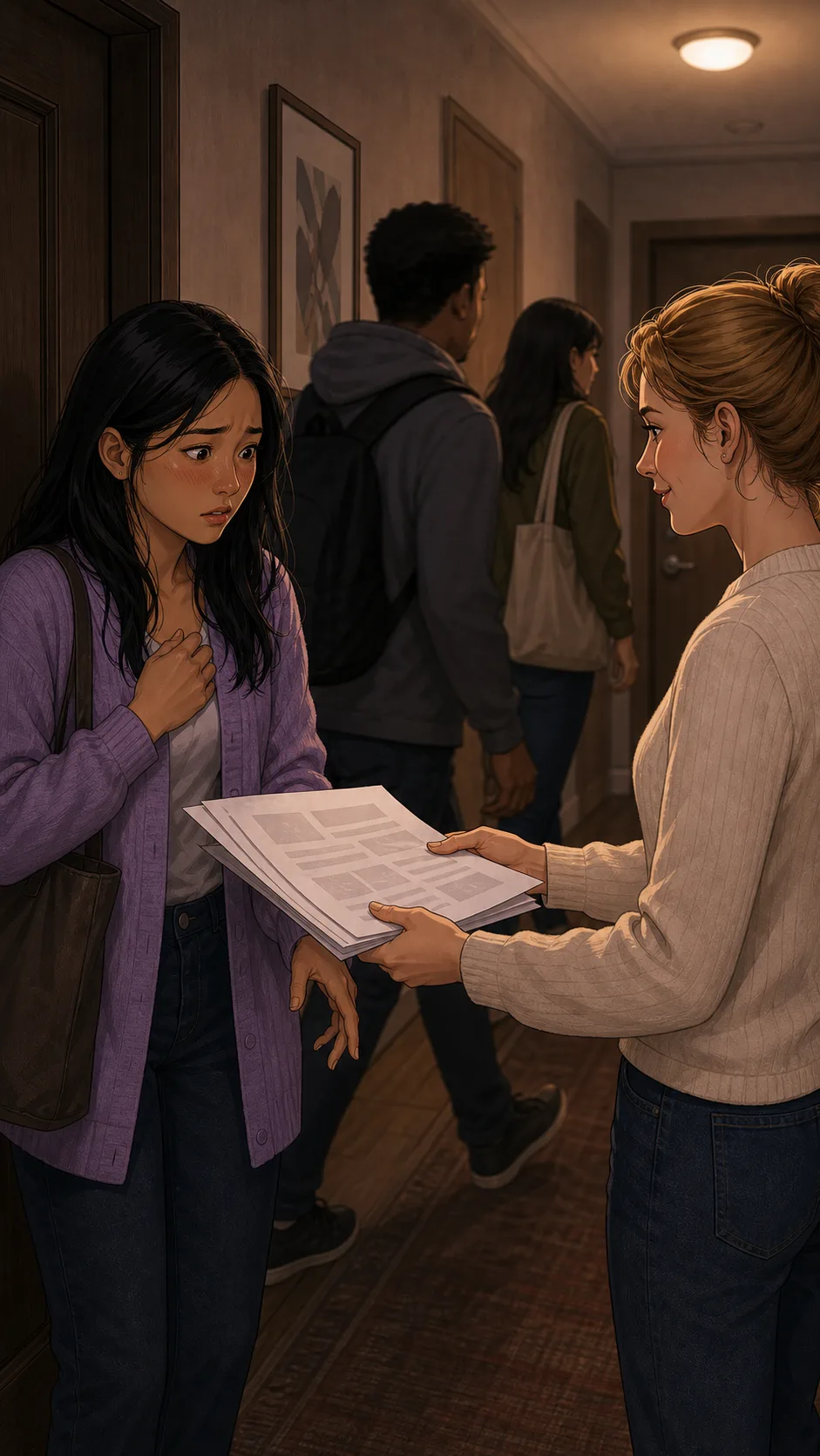 A neighbor returns Nell's letter in the hallway while others pass nearby.