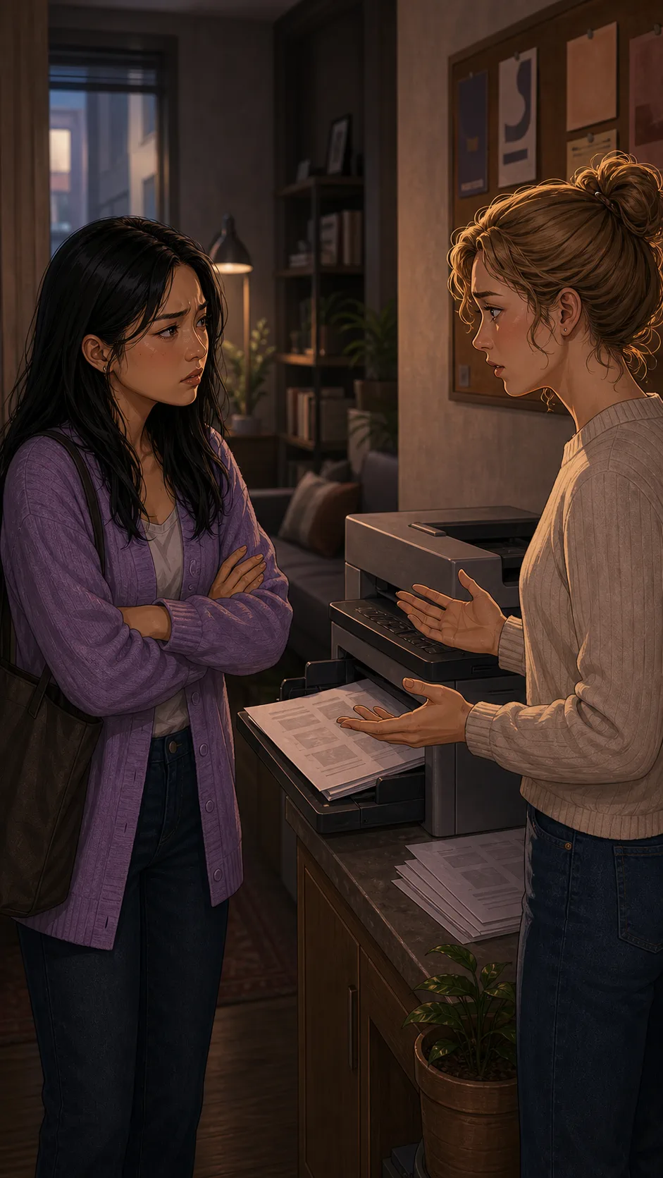 Nell confronts Casey beside the shared printer.