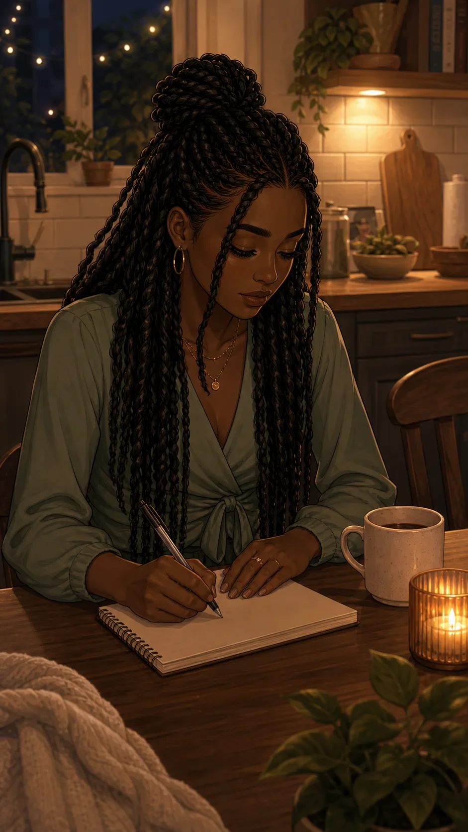 Ari writes a private list in a notebook at her kitchen table.
