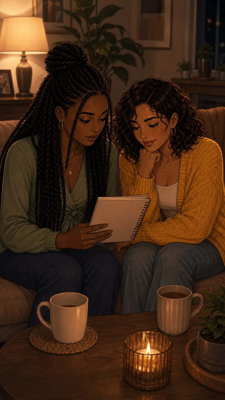 Ari privately shows Camila her notebook on a couch.