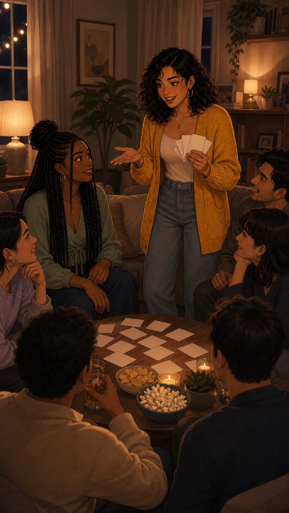 Camila hosts a family game night with blank cards.