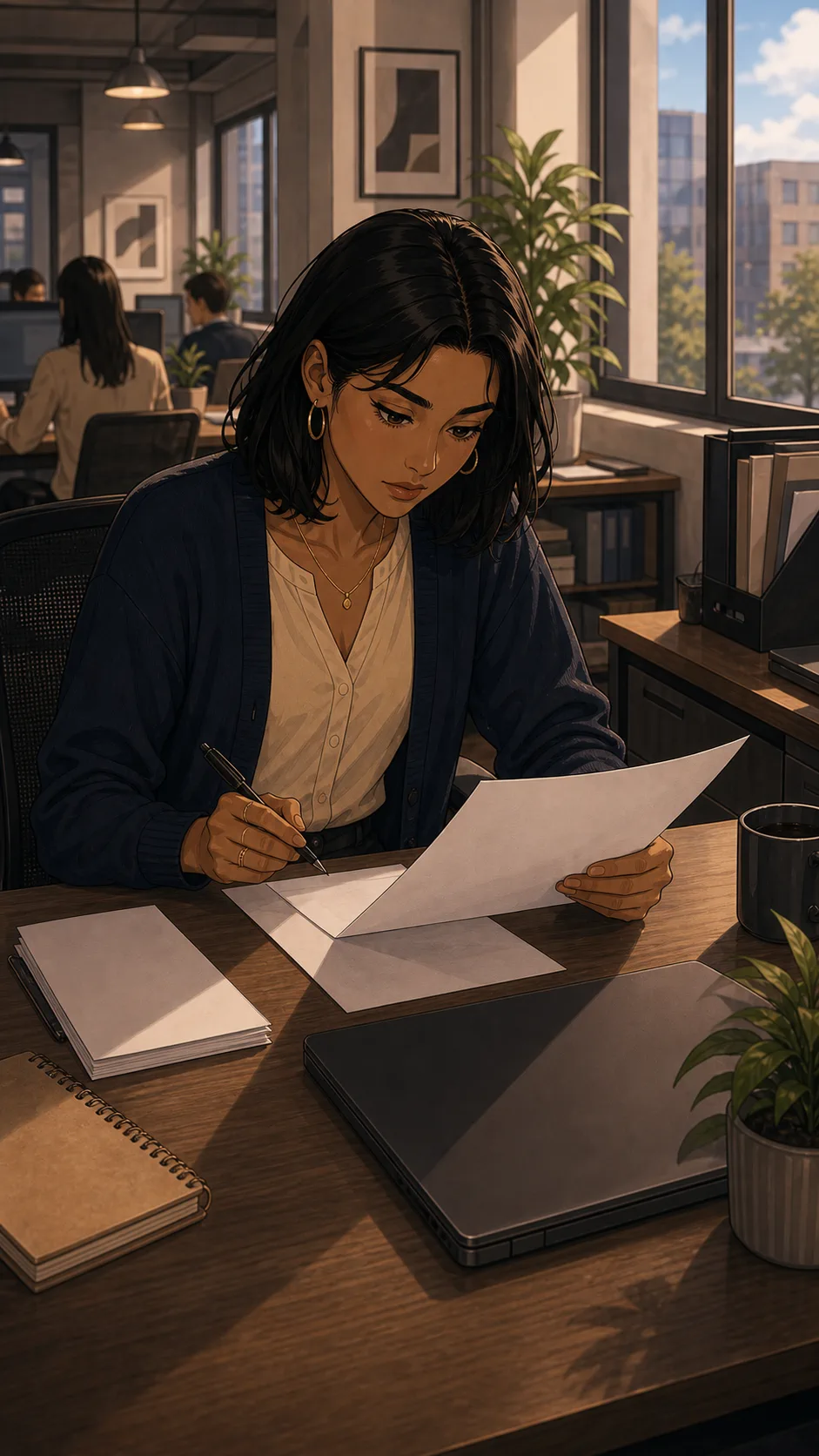 Alina reviews a blank draft at a generic office desk.