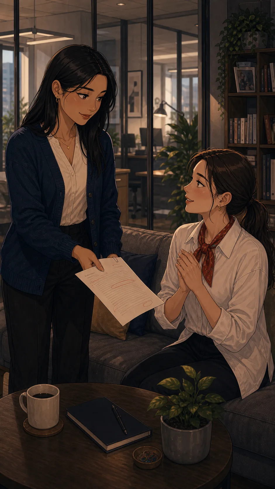 Alina gives Mei private feedback in a quiet office lounge.