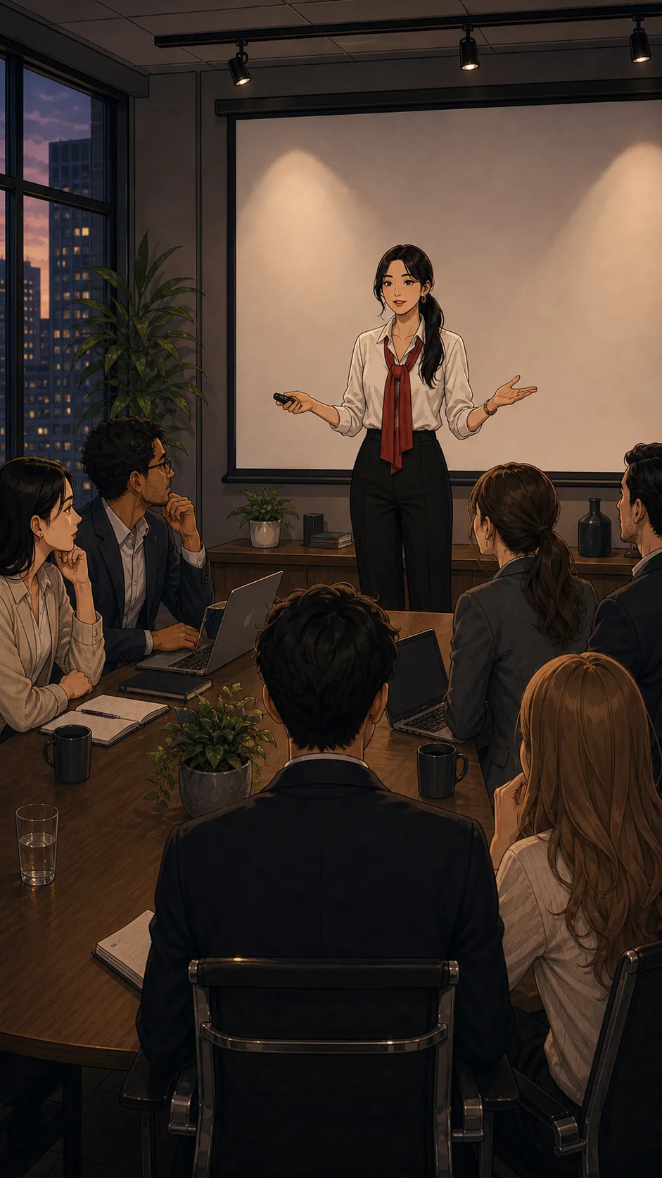 Mei begins a launch presentation in a generic conference room.