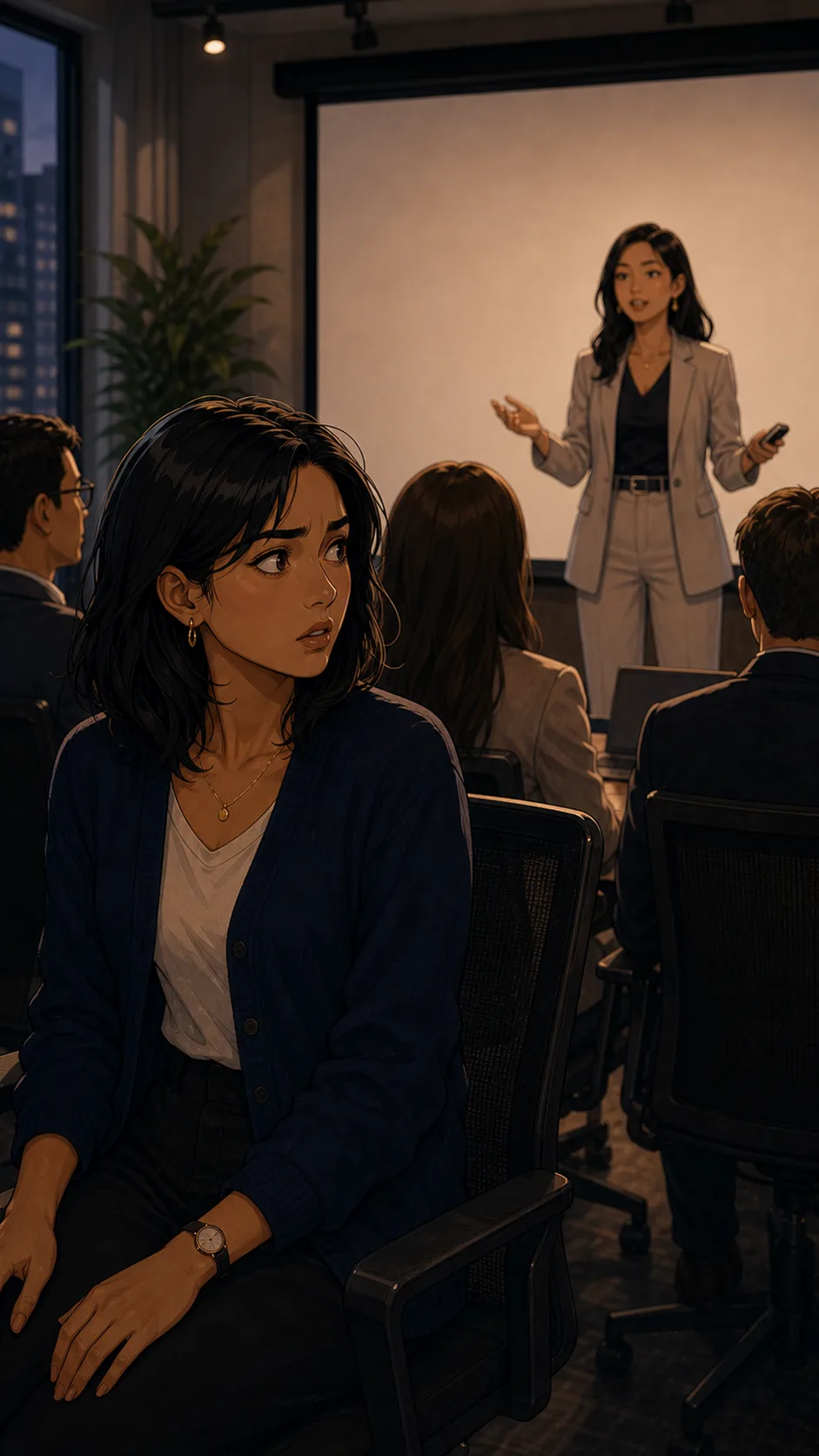 Alina freezes when she recognizes her private feedback in the presentation.