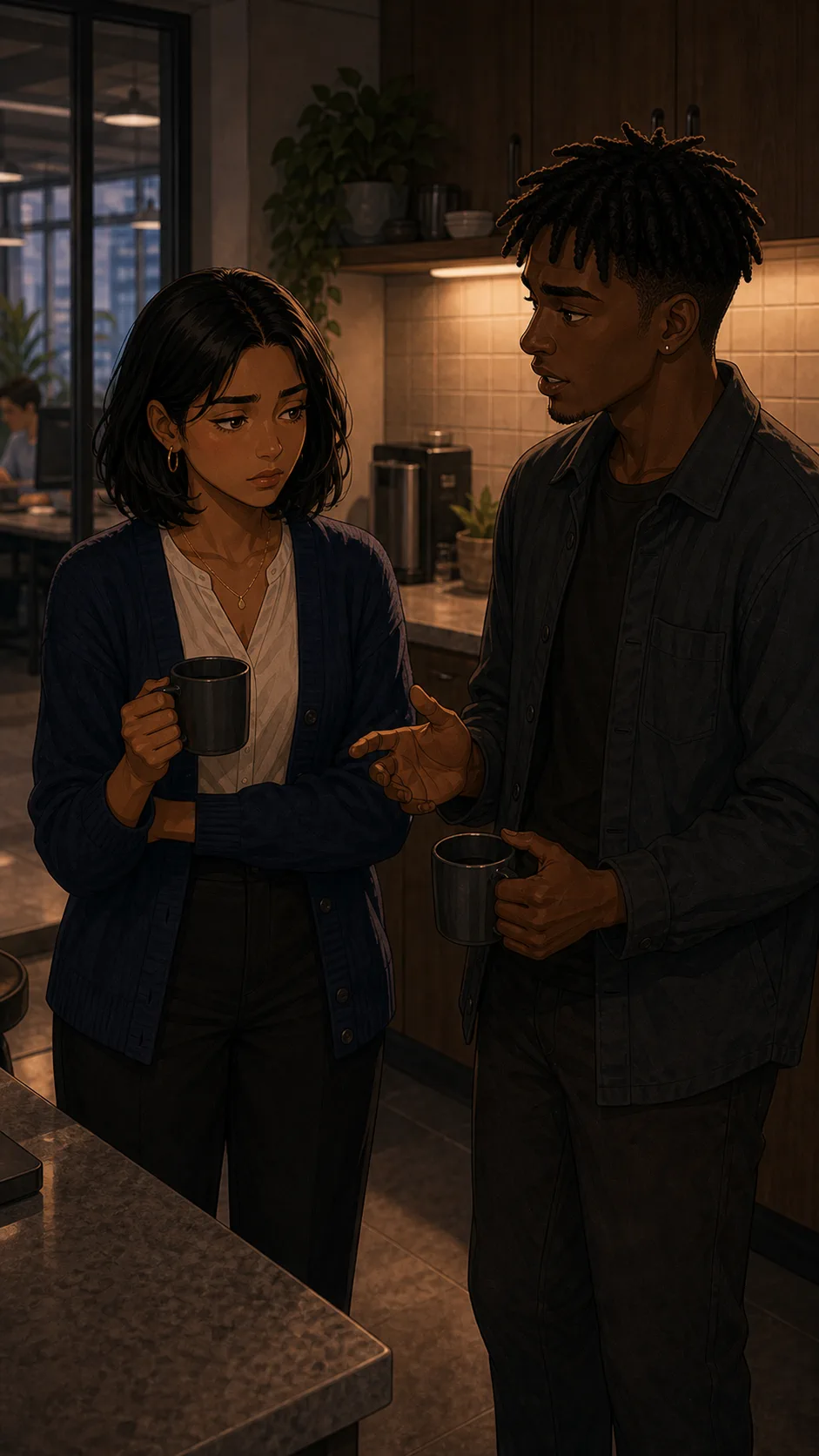 Jordan talks with Alina in an office kitchenette.