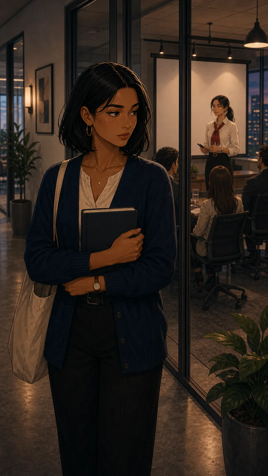 Alina stands outside the presentation room deciding how to respond.