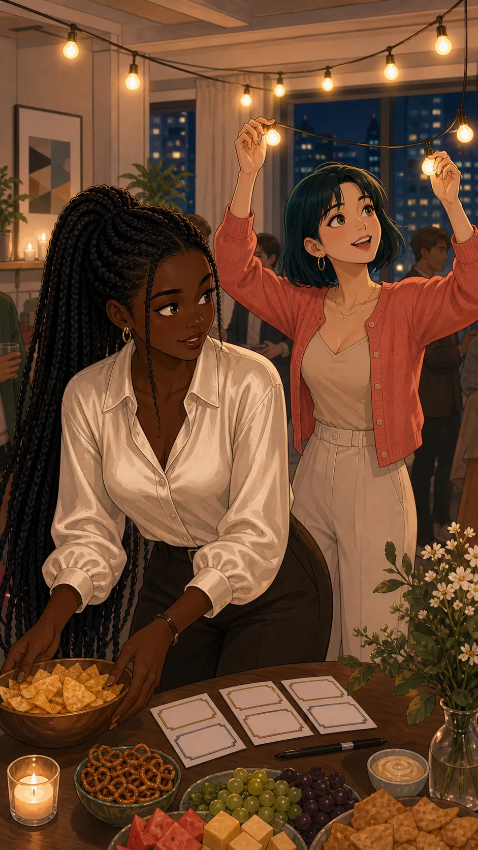 Maya and Iris set up a small apartment party with blank badges on a table.