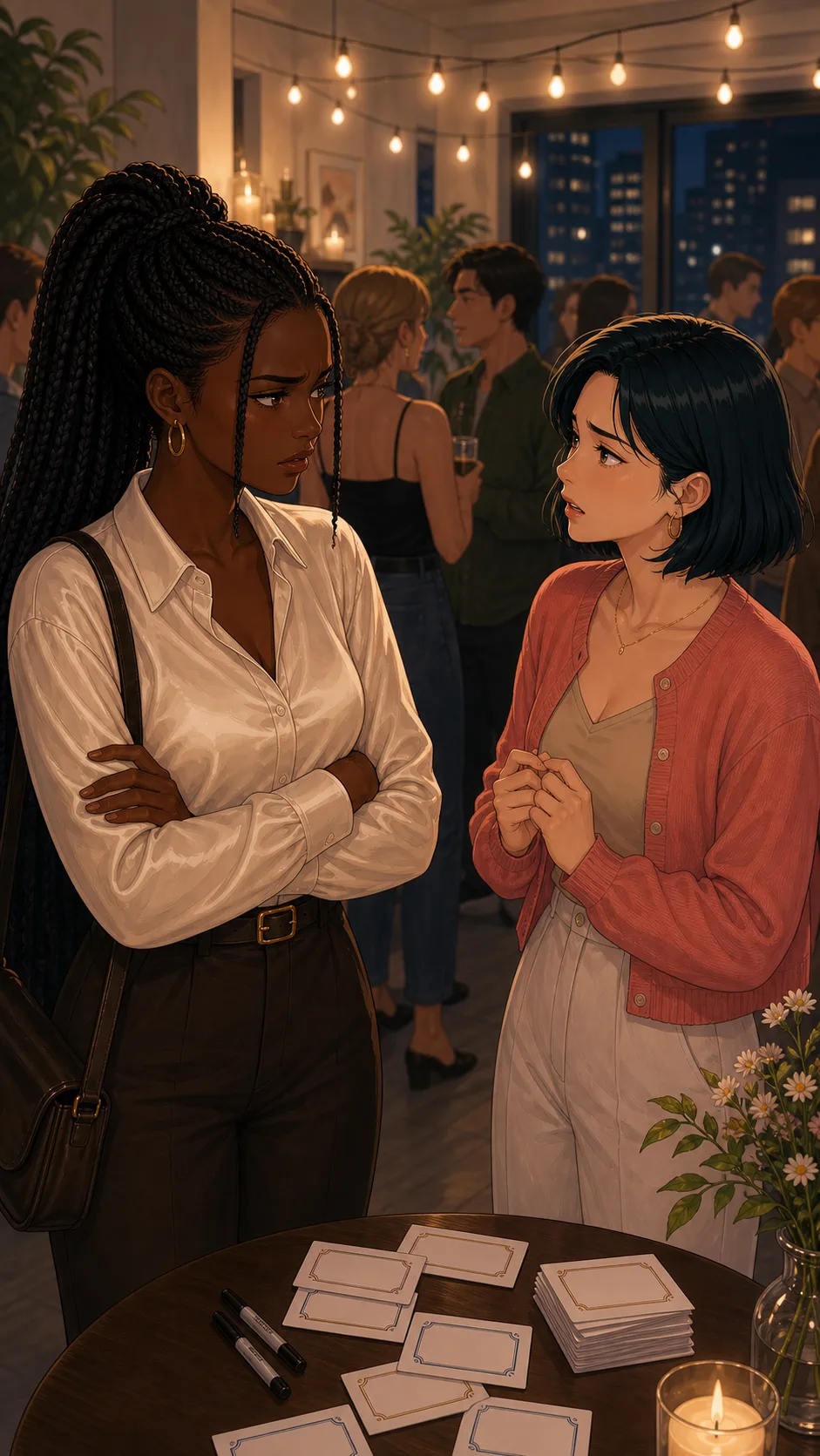 Maya confronts Iris beside the party badge table.