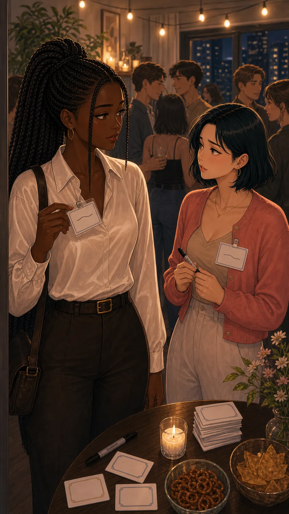 Maya holds a blank replacement badge while deciding what to do next.