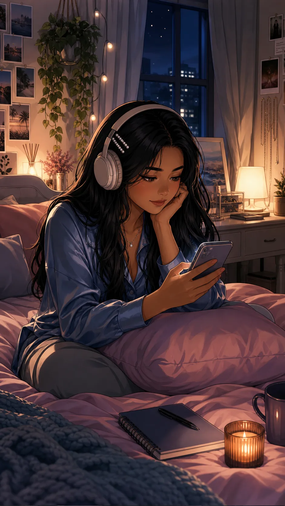 Noelle listens to music in bed while building a private playlist.