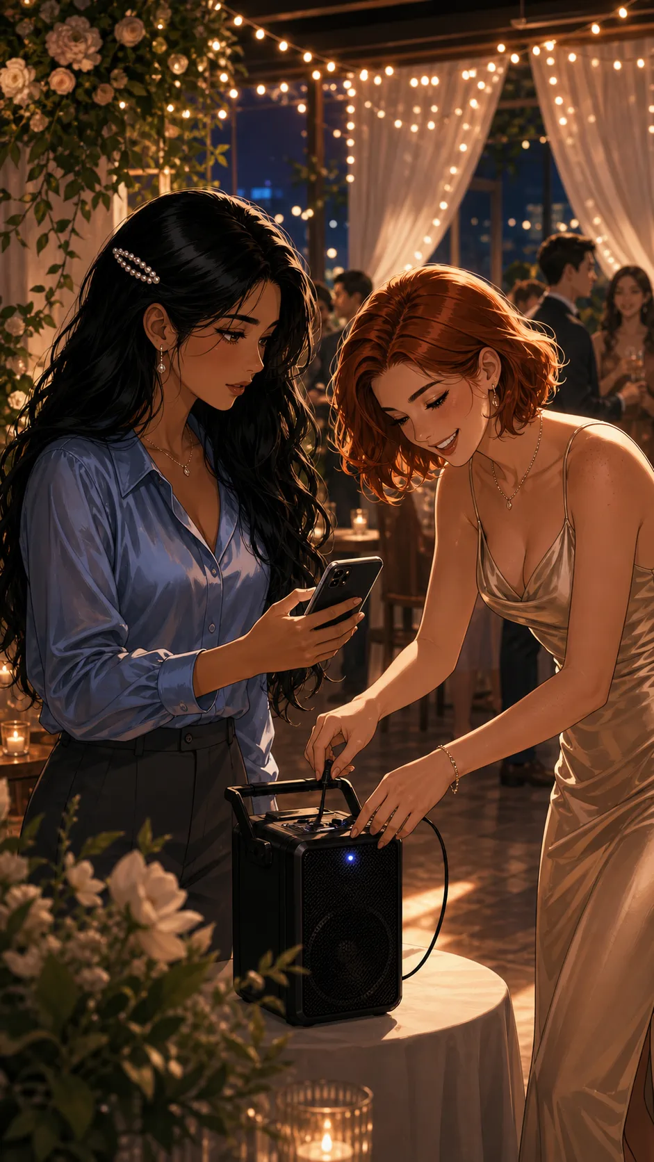 Bri helps Noelle connect a speaker before the party.