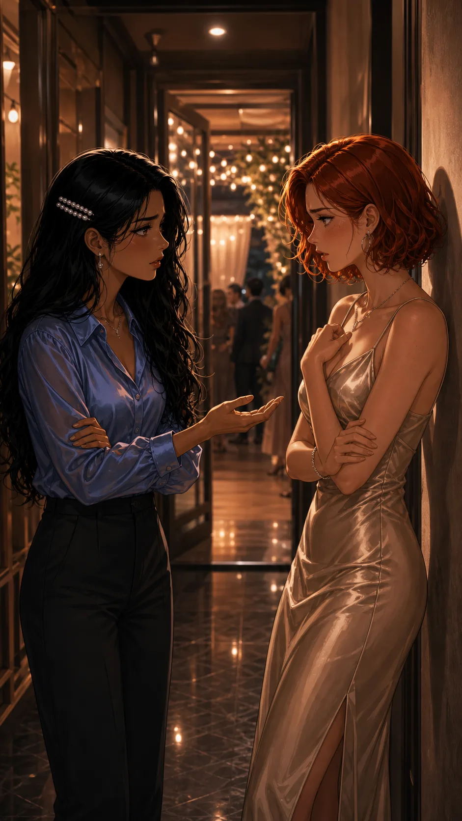 Noelle confronts Bri in a hallway after the party entrance.