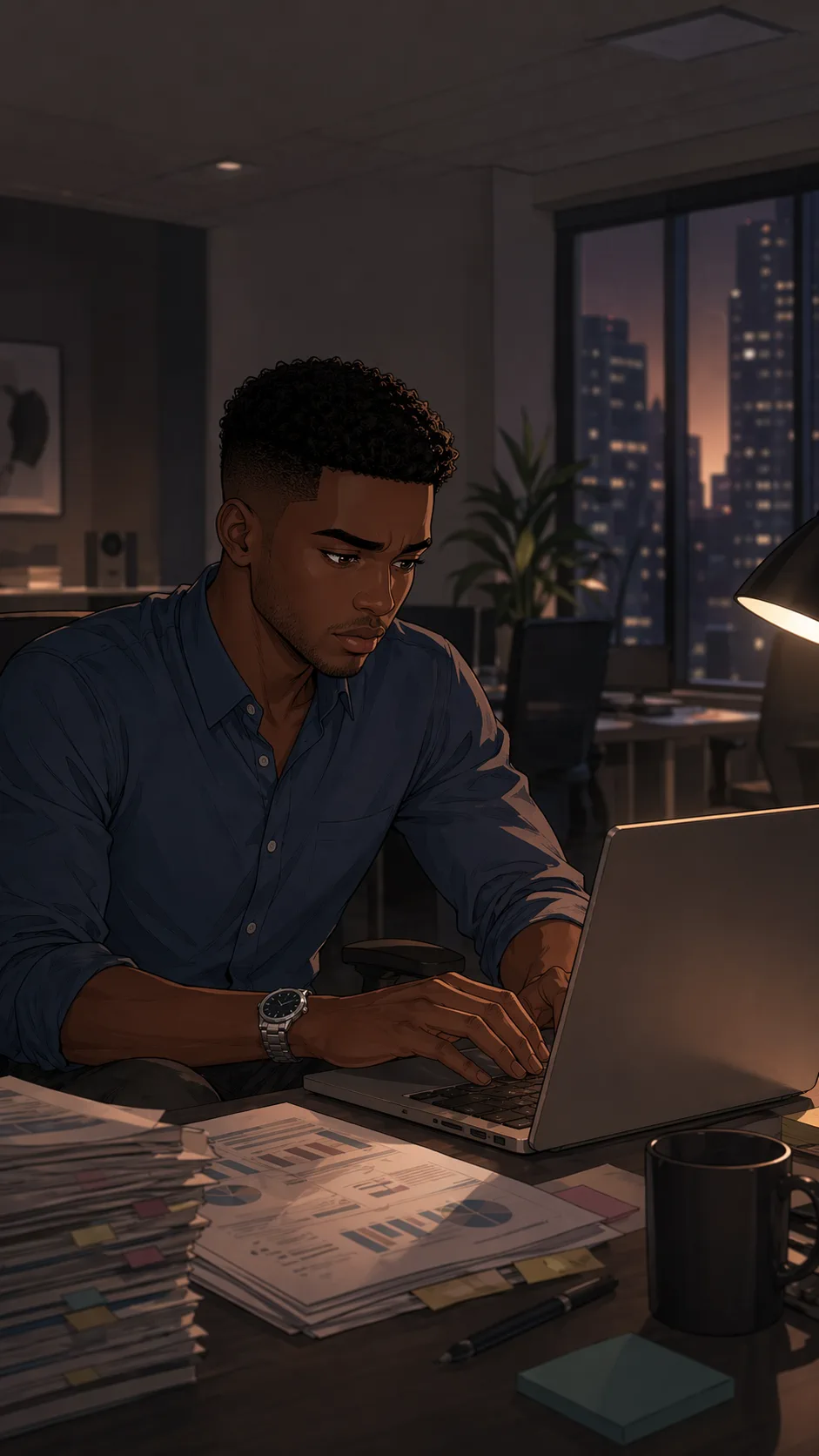 A young man works alone late in a quiet office, lit mostly by his laptop.