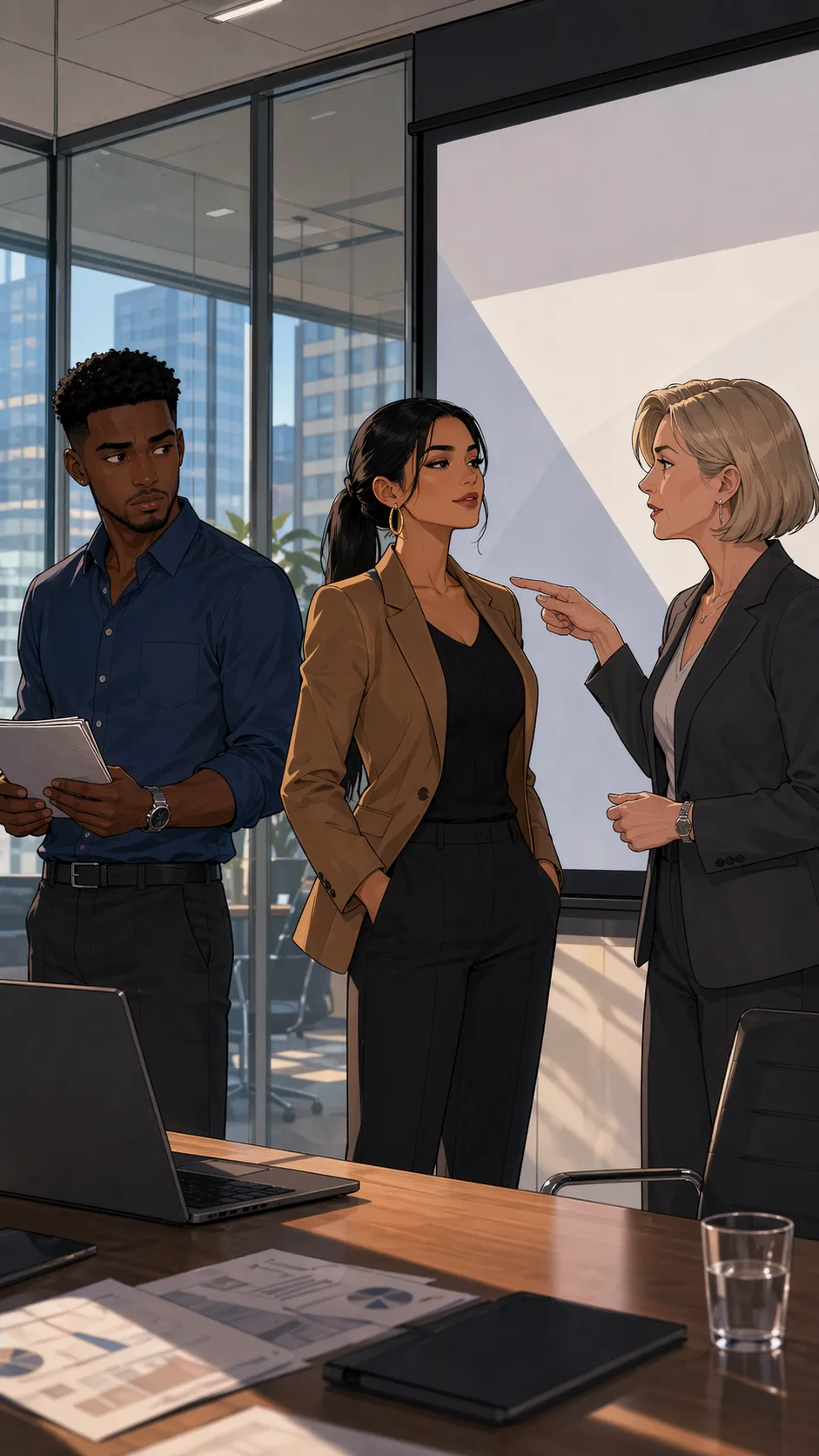 In a conference room rehearsal, a manager redirects the lead role from one employee to another.