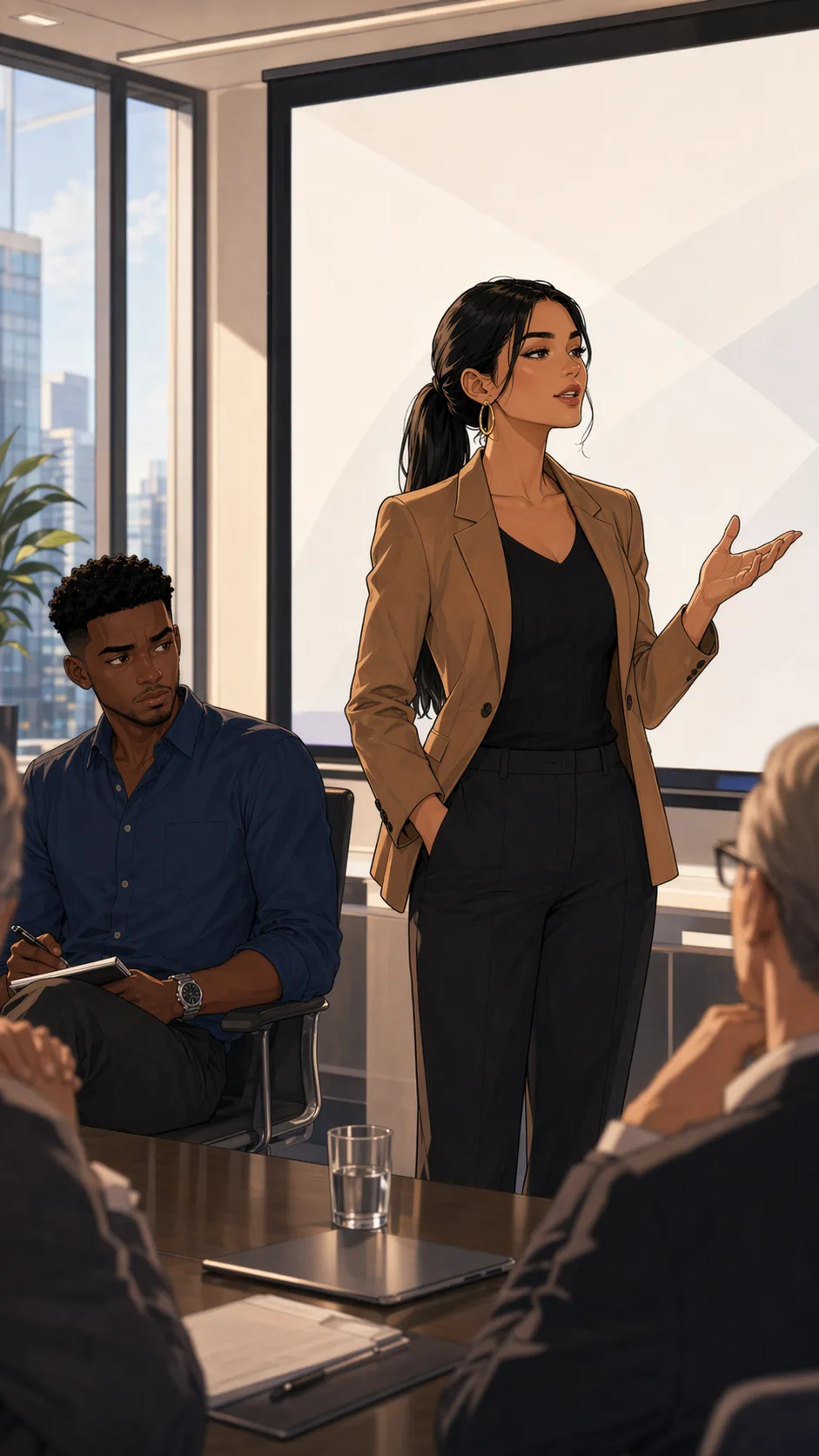 A confident coworker presents at the front of a meeting while the teammate who built much of the work sits quietly to the side.