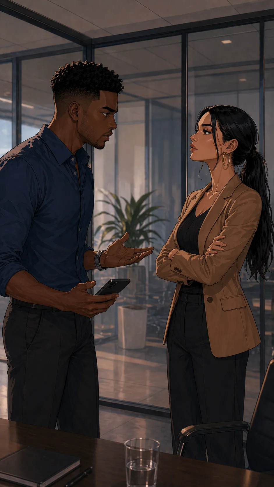 Two coworkers confront each other in a glass meeting room after a promotion announcement.