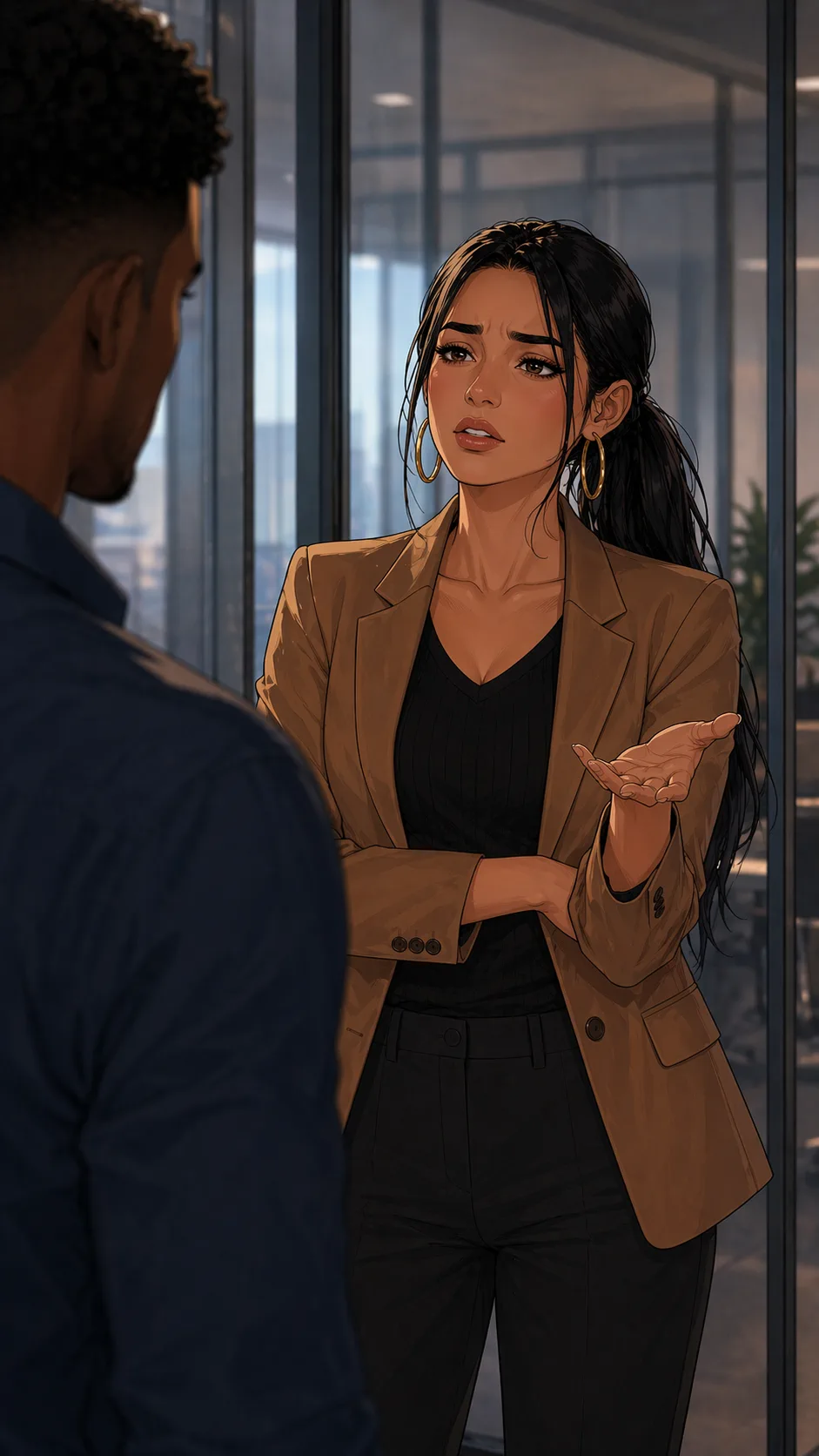 A promoted coworker looks exhausted and defensive as she explains her side of a project conflict.