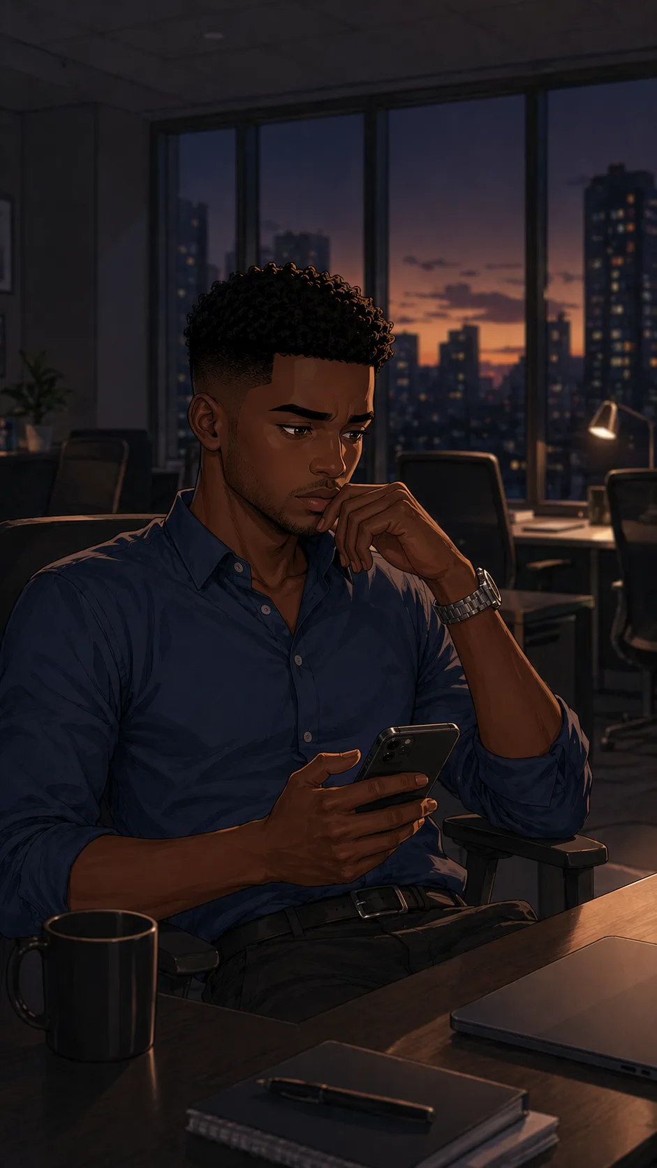 A worker sits alone in a dim office, deciding whether to challenge a painful promotion story or let it stand.