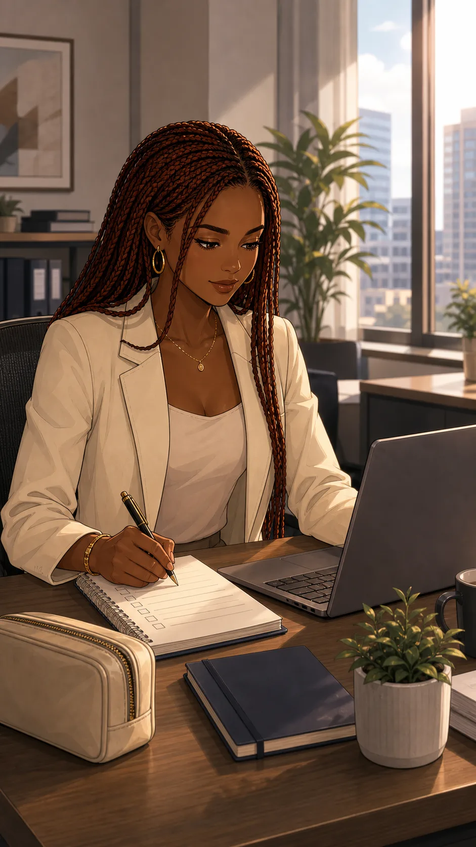 Eva writes a PTO checklist at her office desk.