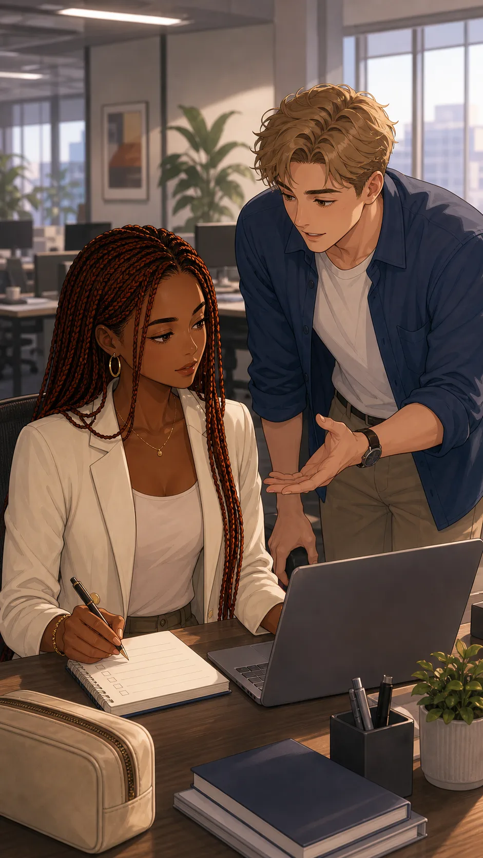 Nolan notices Eva's checklist at her desk.