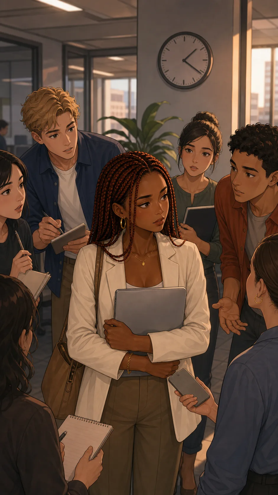 Coworkers gather around Eva with coverage questions.