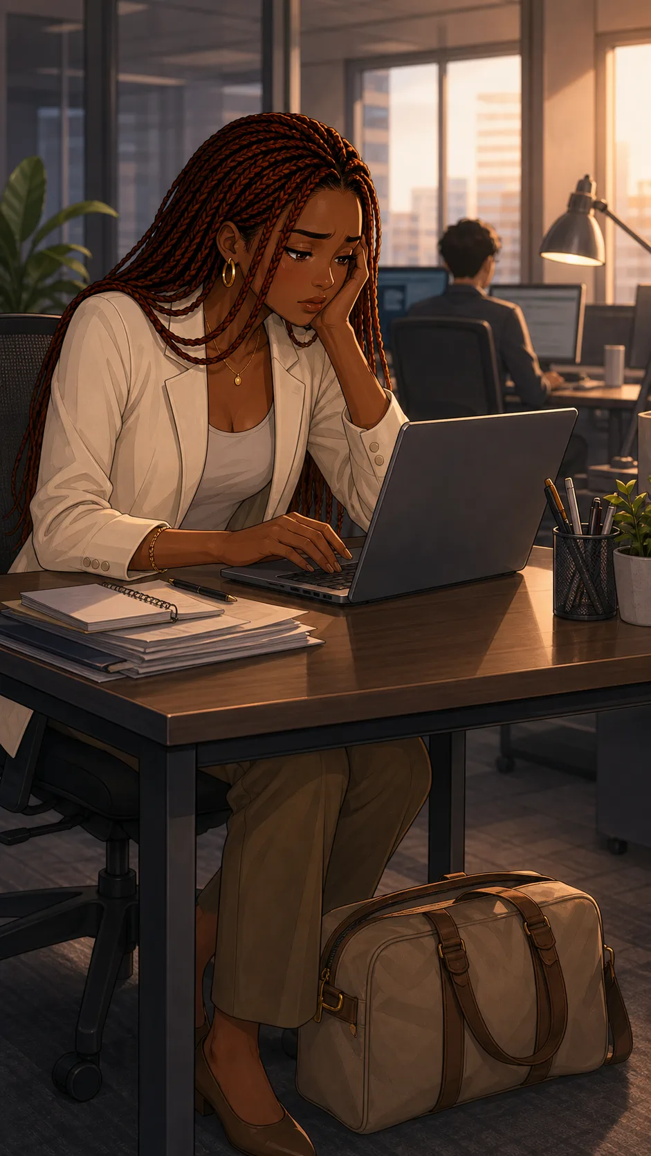 Eva keeps working while her travel bag waits under the desk.