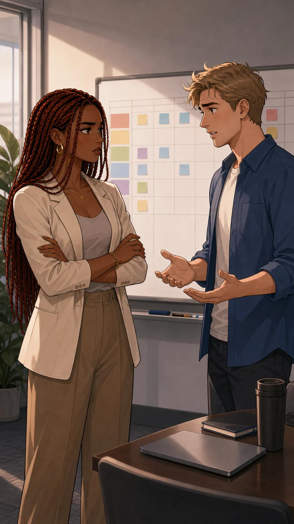 Eva and Nolan discuss the coverage map in a meeting corner.