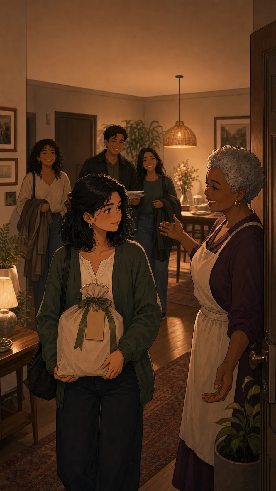 Sofia arrives at a generic family dinner carrying a wrapped host gift while Aunt Lila welcomes relatives.