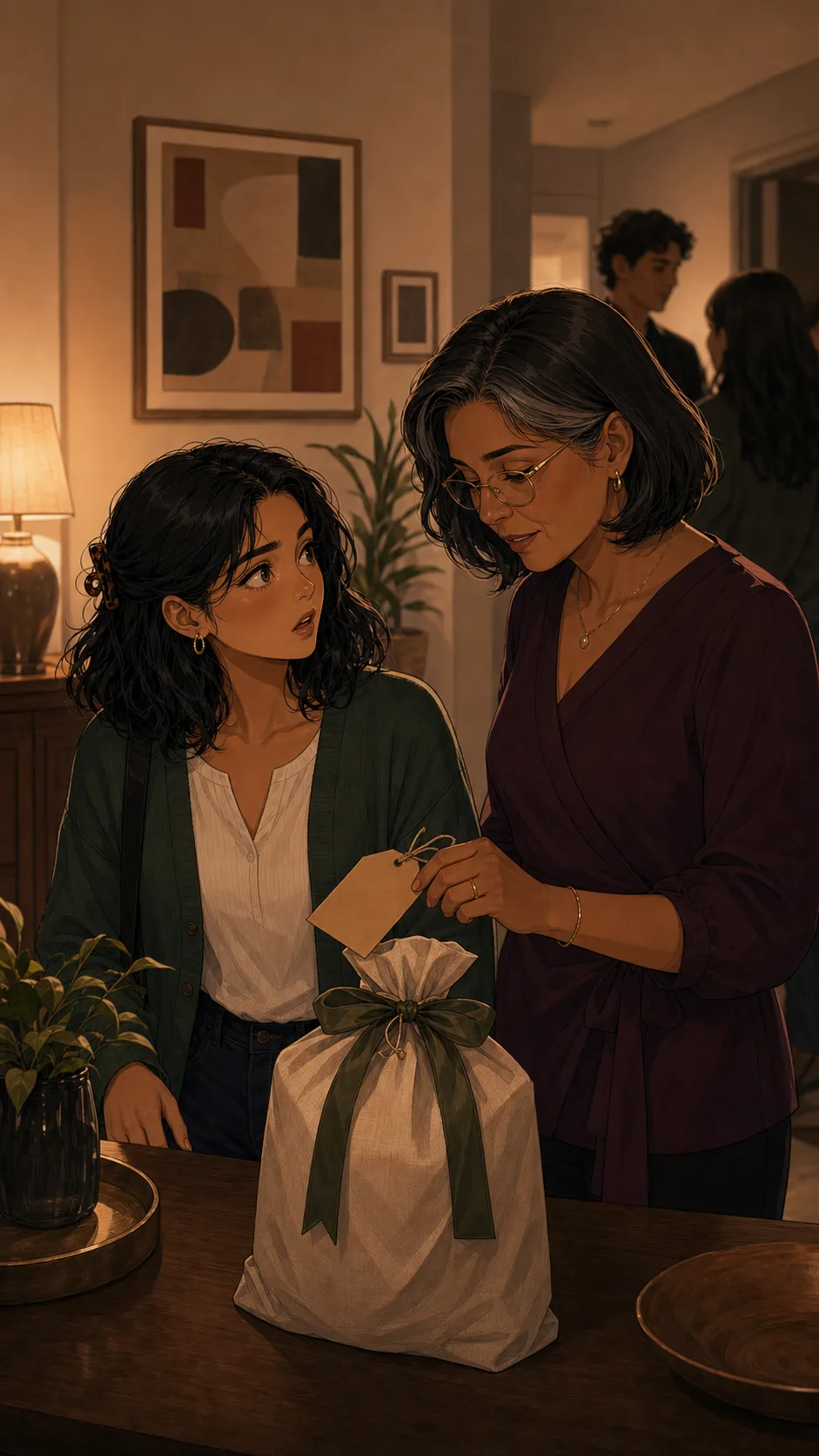 Aunt Marisol quietly lifts the blank tag on Sofia's wrapped host gift while Sofia turns toward her in surprise.