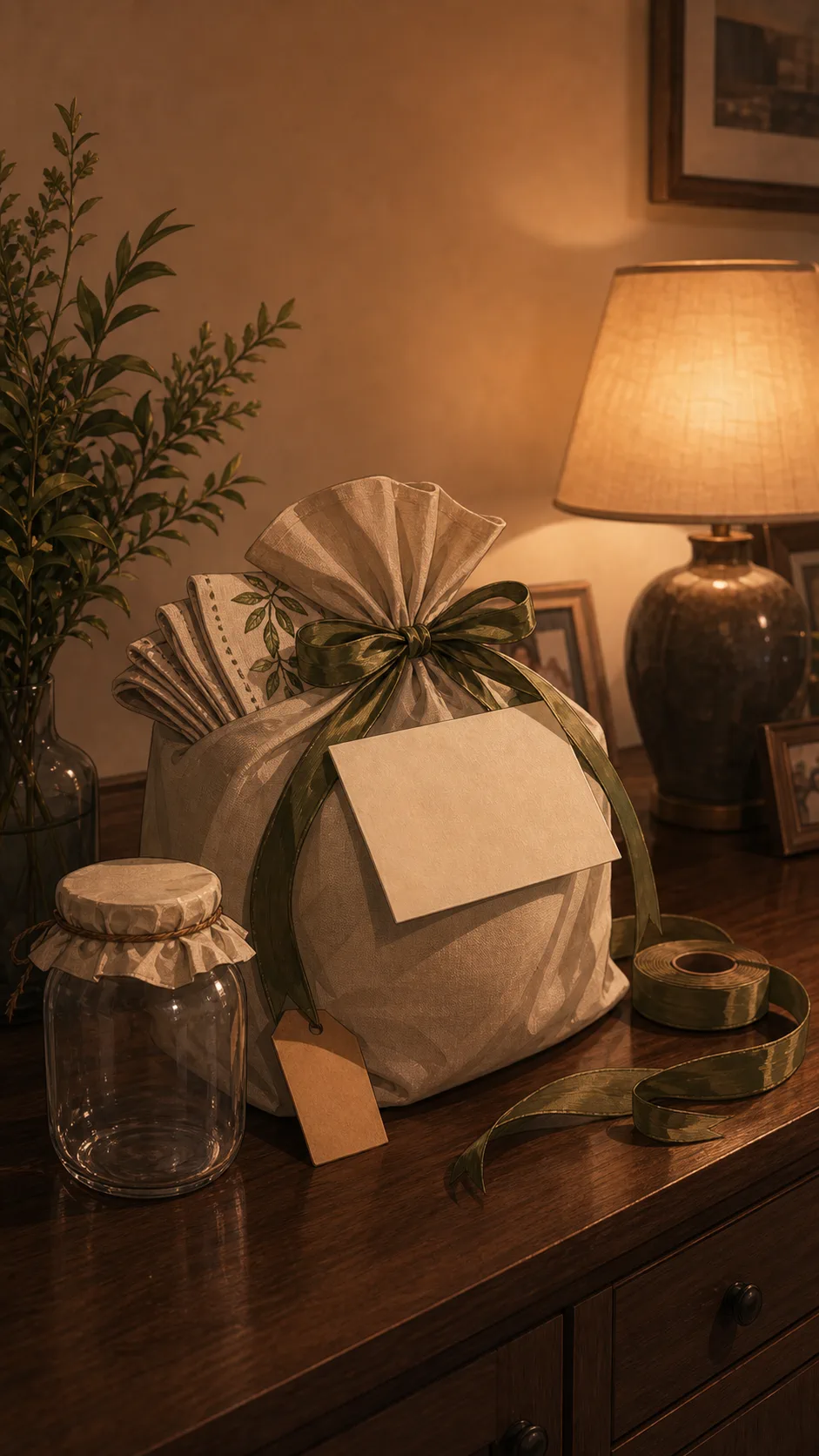 A wrapped host gift sits on a generic dining room sideboard with stitched napkins, a plain jar, ribbon, one small blank tag, and one larger blank card.