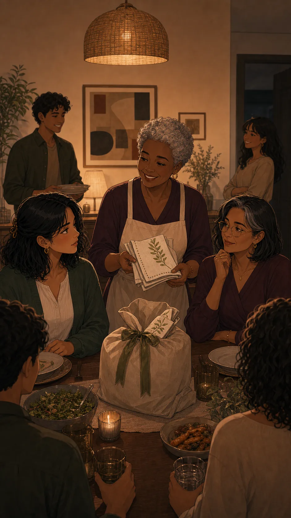 Aunt Lila opens handmade napkins at a generic family dinner table while Aunt Marisol looks relieved and Sofia reacts quietly.
