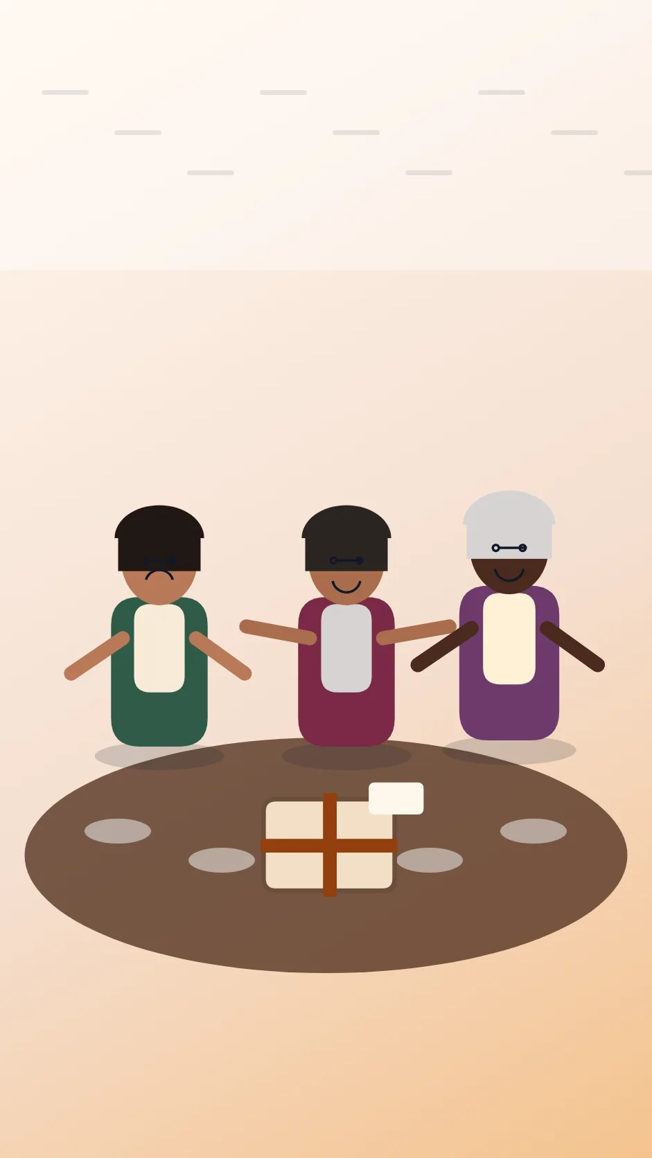 Sofia, Aunt Marisol, Aunt Lila, and relatives gather in a generic dining room in three subtle opinion clusters around the host gift.
