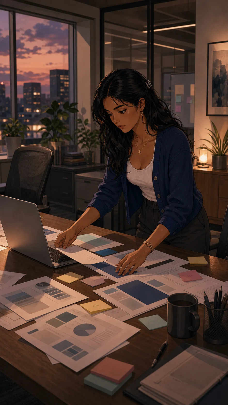 Talia works late at a generic office conference table with blank notes, unbranded printouts, and a laptop turned away.