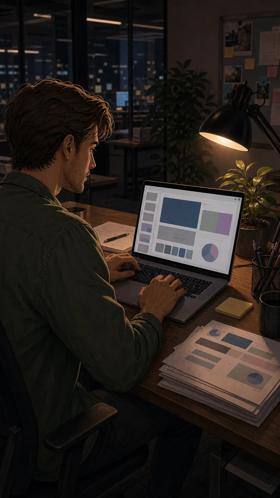 Jonah edits an unbranded presentation in a generic office with only unreadable abstract slide thumbnails visible.