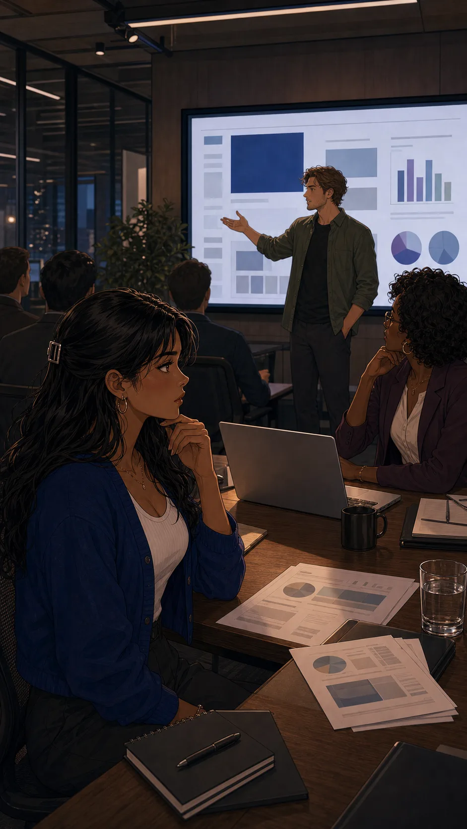 Talia sits surprised in a generic presentation room while Jonah presents beside an unreadable abstract slide.
