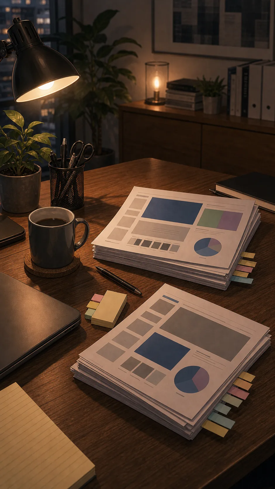 Unbranded printed slide pages sit in a main stack and backup stack with blank tabs and no readable text.