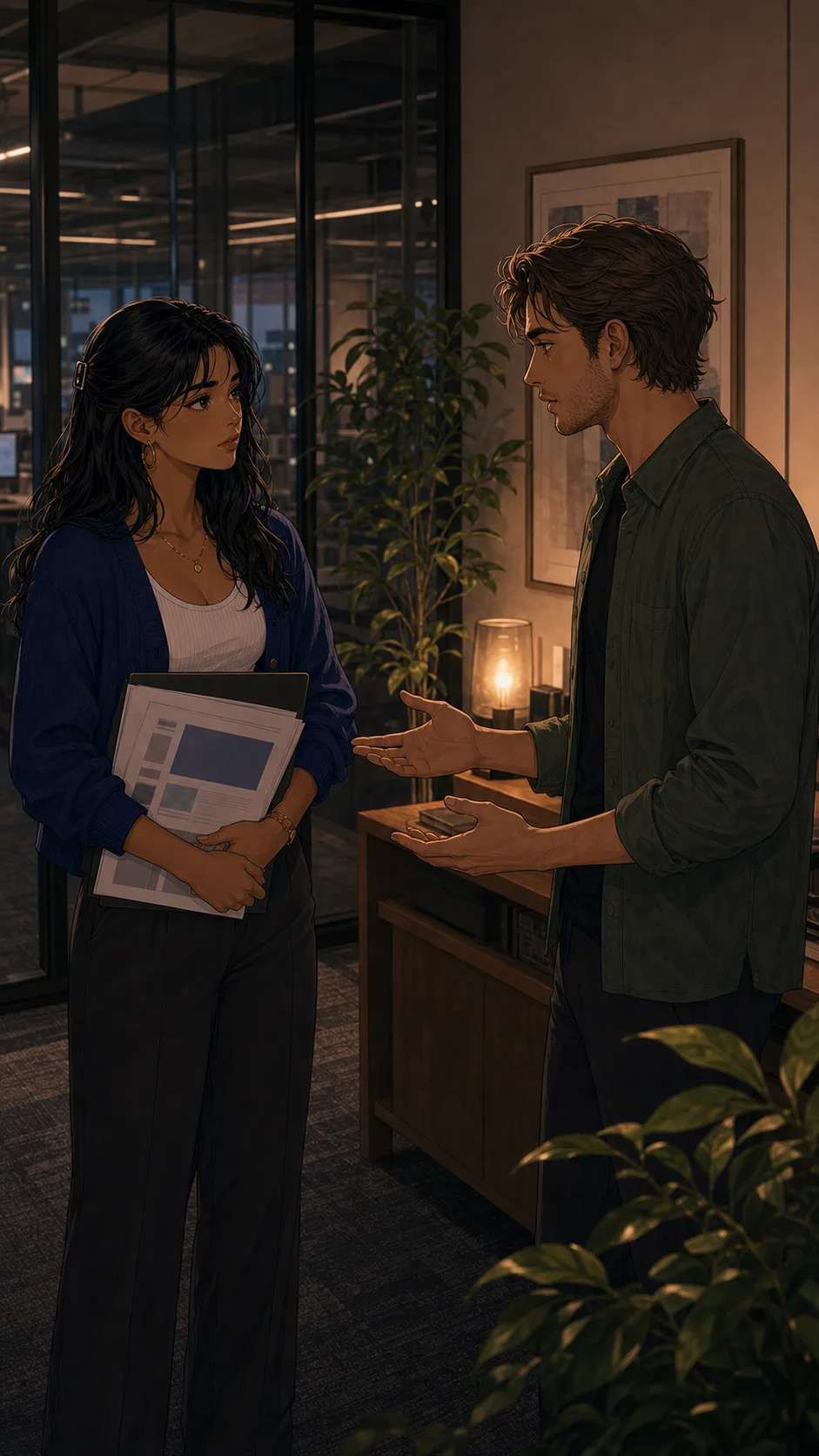 Talia holds blank slide pages while Jonah explains in a generic office corner after the presentation.