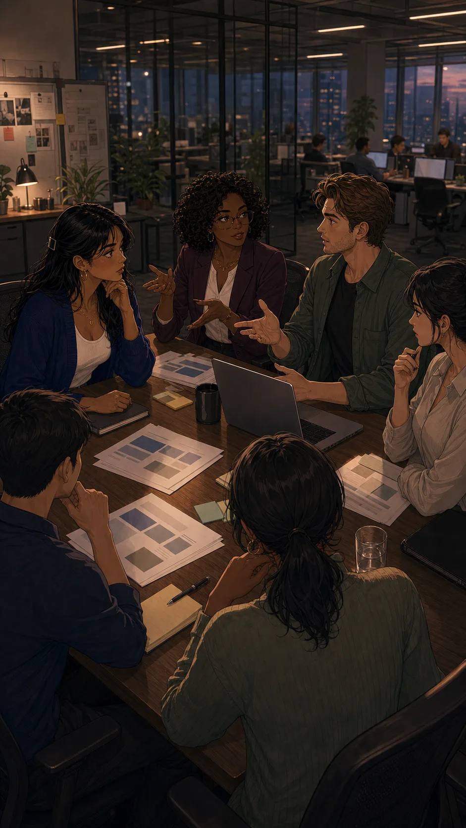 Talia, Jonah, Simone, and coworkers discuss presentation credit around a generic meeting table with unreadable printouts.