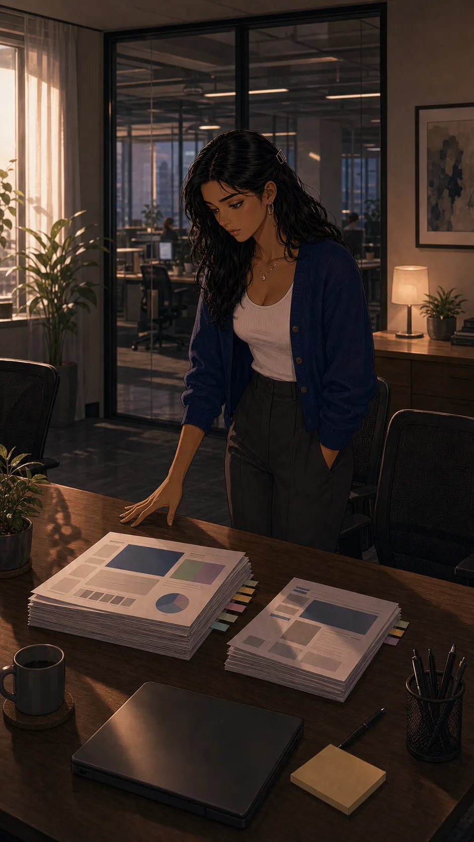 Talia stands in a quiet generic office beside main and backup stacks of unreadable slide pages.