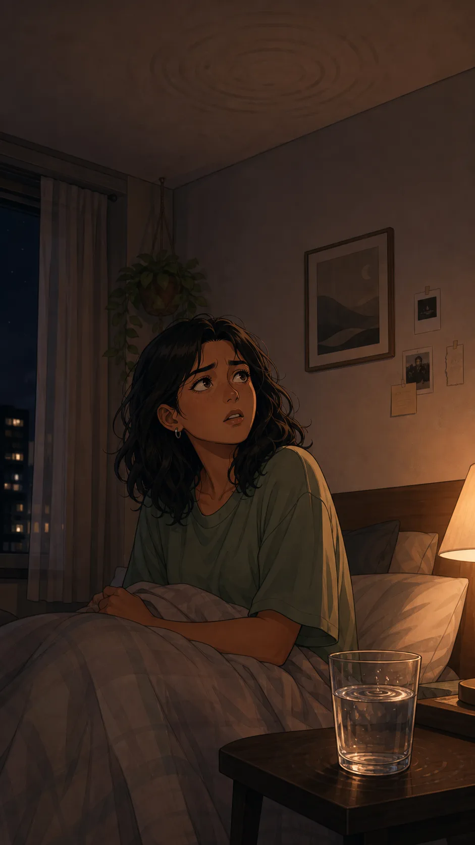 Maya sits awake in a generic apartment bedroom at night while noise from above keeps her up.