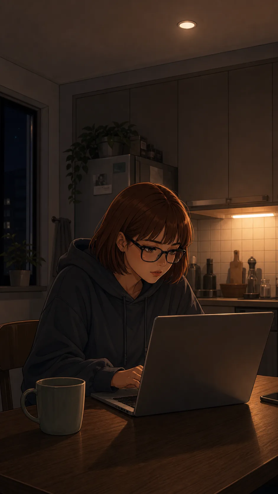 Lena works at a generic kitchen table with a laptop angled away so the screen is unreadable.